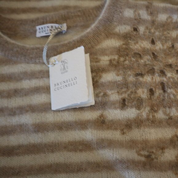 Brunello Cucinelli Sequins Sweater Beige Tan Stripe Alpaca Blend New Tag Size XL - Picture 7 of 9